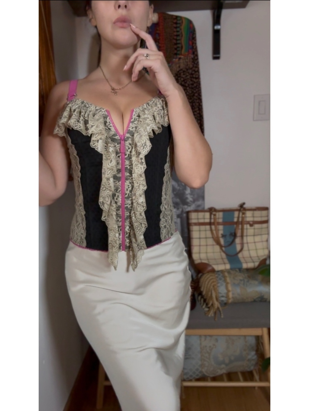 Vintage Morgan De Toi Women's Pink and black & cream lace corset size T36 - Picture 3 of 9